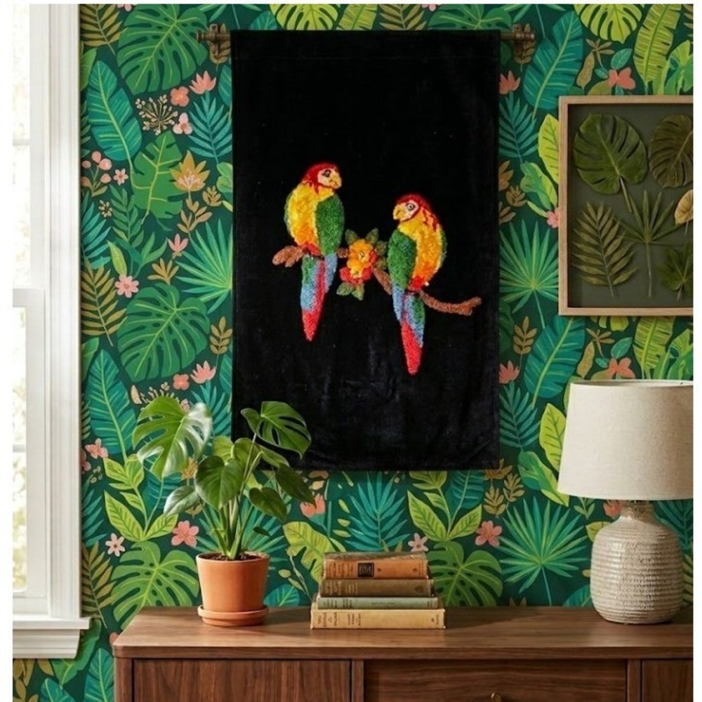 Punch Needle Parrot Wall Hanging Black Velvet Tropical Fiber Art Tufted